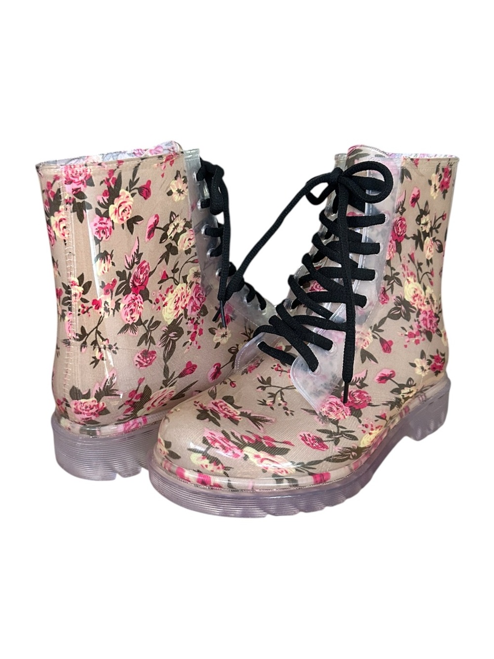 CAPE ROBBIN Floral Jelly Lace Up Combat Rain Boots Women’s Size 8 Grunge Utility